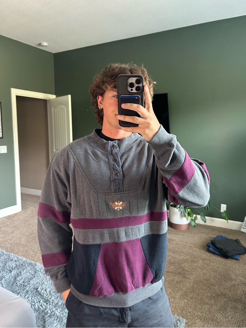 Men's Crewneck Pullover Sweater in Charcoal with Burgundy & Navy Panels